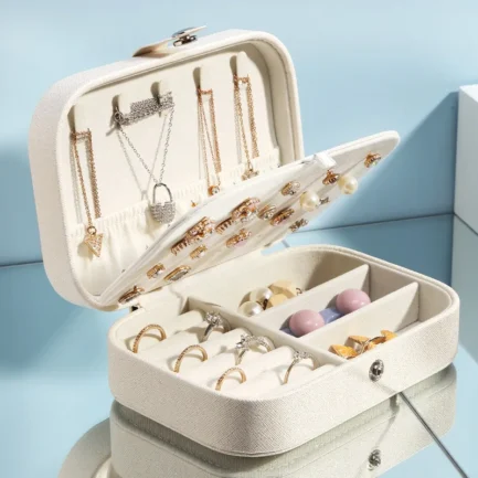 Caja de joyería portátil, organizador de joyas, caja de joyería de viaje, cajas de almacenamiento de cuero con botones, joyero con cremallera - Imagen 2