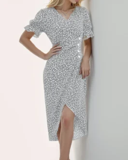 2024 Summer Floral Bodycon Midi Dress For Women V Neck Long Sleeve Ruched Slim Fit Dresses Female Clothing Sexy Vestido Robe