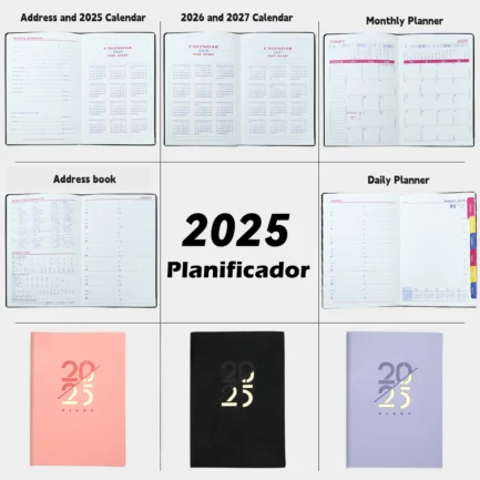 Planificador de enero-dicembre, cuaderno de idioma español/inglés A5, cubierta de cuero PU, Agenda escolar, Plan, organizador diario mensual semanal, 2025 - Imagen 6