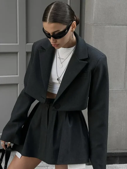 2024 new Women Stylish Short Blazer Sets Crop Blazer Jackets & Pleated Mini Skirt 2 Pieces Sets Two Piece Sets Womens Outifits - Imagen 2