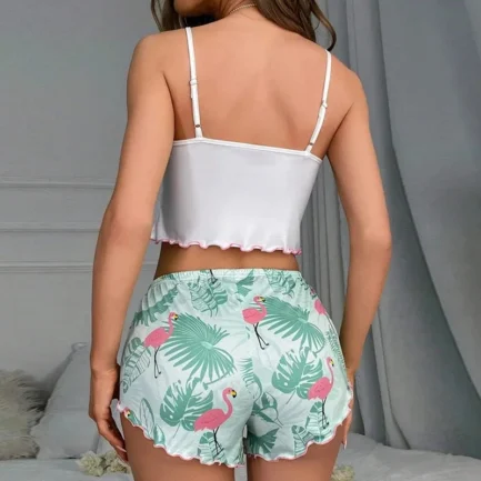 Women's Sleepwear Cute Cartoon Flamingo Print Pajamas Set Summer Sleeveless V-Neck Top & Shorts Pyjamas Homewear Loungewear - Imagen 2