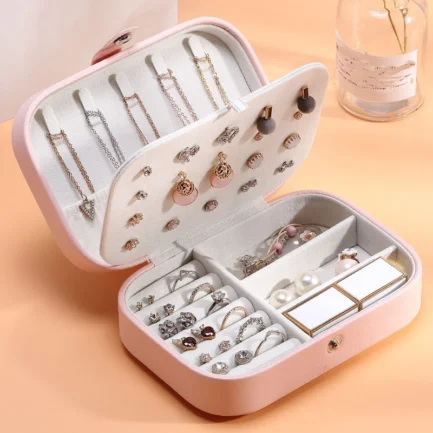Caja de joyería portátil, organizador de joyas, caja de joyería de viaje, cajas de almacenamiento de cuero con botones, joyero con cremallera - Imagen 4