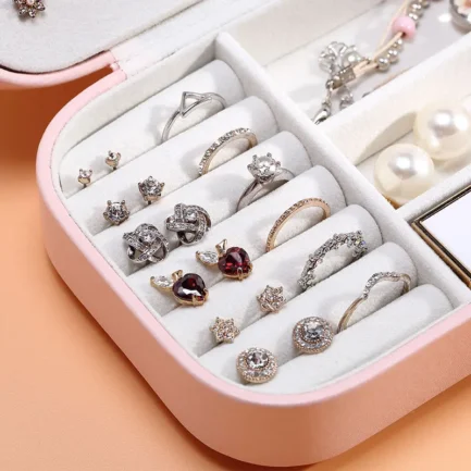 Caja de joyería portátil, organizador de joyas, caja de joyería de viaje, cajas de almacenamiento de cuero con botones, joyero con cremallera - Imagen 6