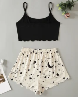 Summer Moon Stars Letter Printed Pajama Set Women Sexy Lingerie Sleeveless Crop Tops with Shorts Pyjamas Sets Suit Sleepwear