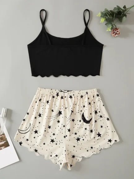 Summer Moon Stars Letter Printed Pajama Set Women Sexy Lingerie Sleeveless Crop Tops with Shorts Pyjamas Sets Suit Sleepwear - Imagen 2