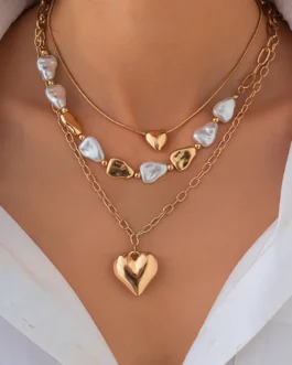 Boho Love Pendant Necklace Women's 2025 Multi Layer Gold Color Metal Imitation Pearl Girl Fashion Couple Fashion Jewelry