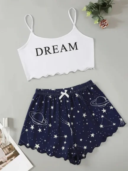 Summer Moon Stars Letter Printed Pajama Set Women Sexy Lingerie Sleeveless Crop Tops with Shorts Pyjamas Sets Suit Sleepwear - Imagen 5
