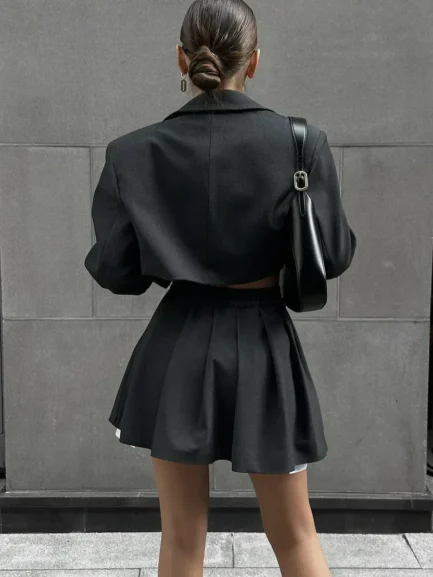 2024 new Women Stylish Short Blazer Sets Crop Blazer Jackets & Pleated Mini Skirt 2 Pieces Sets Two Piece Sets Womens Outifits - Imagen 3