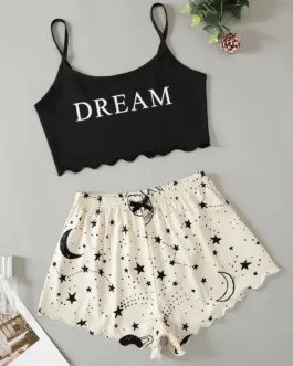 Summer Moon Stars Letter Printed Pajama Set Women Sexy Lingerie Sleeveless Crop Tops with Shorts Pyjamas Sets Suit Sleepwear