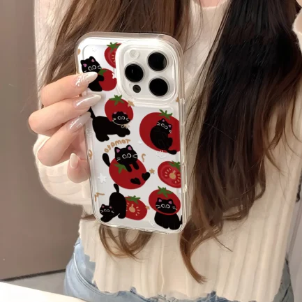 Ins Lovely Tomato Black Cat Phone Case For Xiaomi Mi 14 13 12 11 10 10T 14T Poco X6 F5 F4 X7 X4 NFC Lite GT Pro 4G 5G Back Cover - Imagen 4