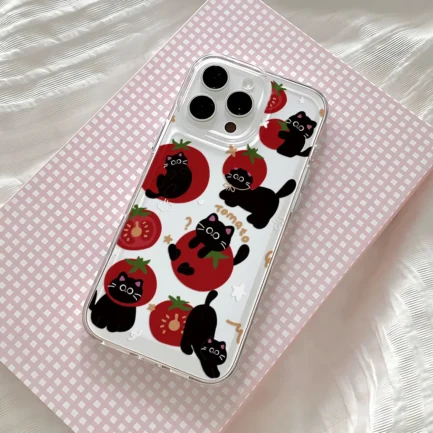 Ins Lovely Tomato Black Cat Phone Case For Xiaomi Mi 14 13 12 11 10 10T 14T Poco X6 F5 F4 X7 X4 NFC Lite GT Pro 4G 5G Back Cover