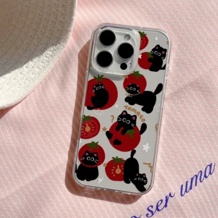 Ins Lovely Tomato Black Cat Phone Case For Xiaomi Mi 14 13 12 11 10 10T 14T Poco X6 F5 F4 X7 X4 NFC Lite GT Pro 4G 5G Back Cover - Imagen 3